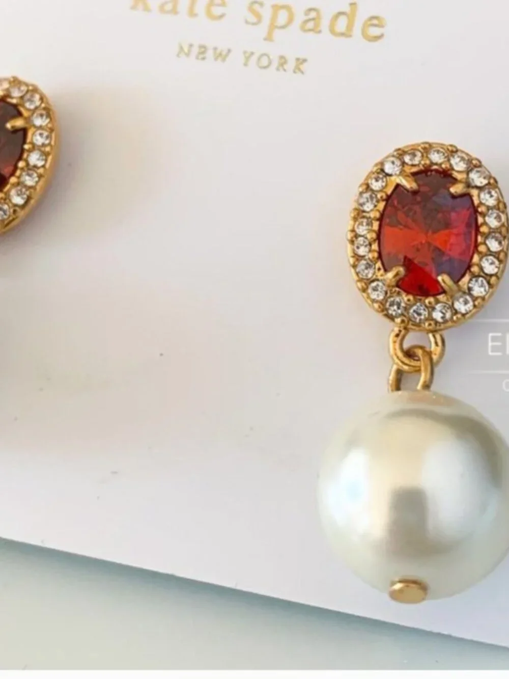 Kate Spade Red Crystal Pearl Drop Earrings Gold Tone Halo Stud Dangle Earrings
